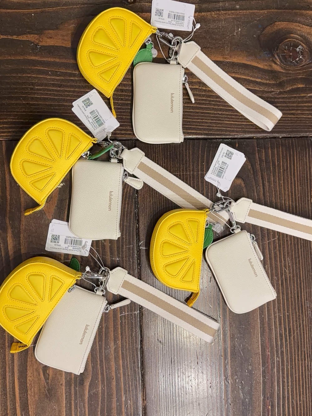 Lululemon Yellow Lemon Dual Pouch Wristlet with Cream Card Holder Keychain Set
